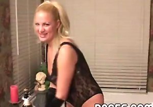 Blond-haired chick chugging champagne and sucking dick