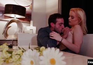 Blond-haired older lady deepthroating dick