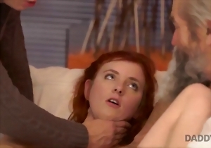 A sensual lady and an old man have nasty fun on the white sofa